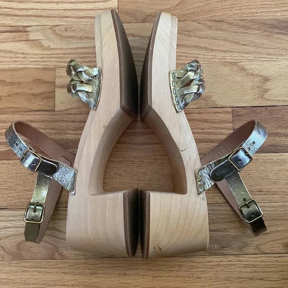 SWEDISH Hasbeens sz 41 or 10 NWOT metallic leather + wooden heeled clog no wear - Picture 4 of 7